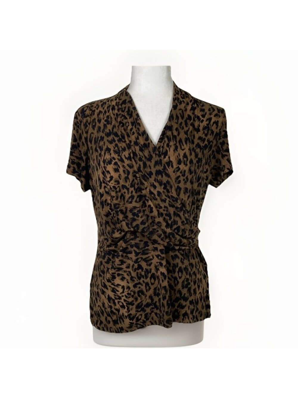 DKNY Womens Size L Animal Print  Short Sleeve Faux Wrap Top Mob Wife Stretch NWT